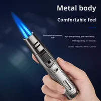 Briquet à gaz butane à double flamme directe, résistant au vent, à haute puissance, de type stylo en métal