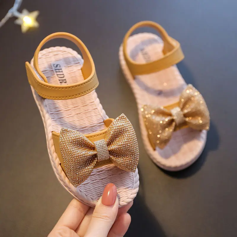 2023 Wholesale Fashion Sparkling Bow Kids Toddler Girls Summer Dress Sandals Open Toe Princess Flat Shoes Flower Flat Sandals