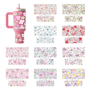 Coquette Bow Floral Seamless Book Lover Ribbon UV DTF Wraps Listo para usar Pegatinas de transferencia Impermeable para Mini Tumbler Llavero - Product Image 1
