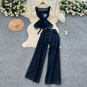 Conjuntos Casuales de Verano para Mujer: Top Túnica con Lazos y Conjunto de Mezclilla 3D de Cintura Alta, Trajes Deportivos al por Mayor - Product Image 1