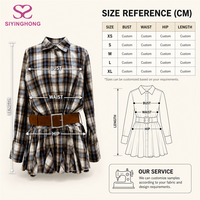 Robe chemise mini à carreaux pour femme, sur mesure, à manches longues, col cranté, taille ceinturée, ourlet à volants, style automne urbain