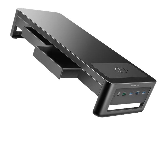 Multifunctional Monitor Stand with Wireless Charging and USB 3.0 Hub Black Metal Desk Organizer with Drawer for Office Home Use