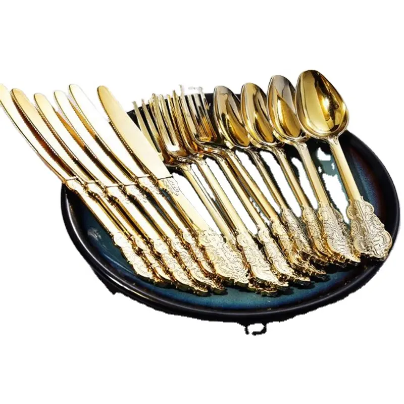 Silverware de ouro descartável, garfos de ouro rosa dourado colheres e facas de plástico elegante