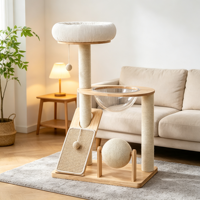 Arbre à chat ScratchDome 96 cm en bois de caoutchouc avec nacelle transparente en acrylique, deux poteaux à gratter en sisal, plateau incliné, rotatif