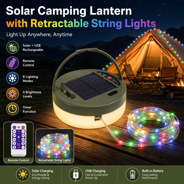 Rechargeable Solar Camping Lantern with Retractable RGB String Lights Remote Control 8 Modes Timer Hanging Emergency Light USB-C
