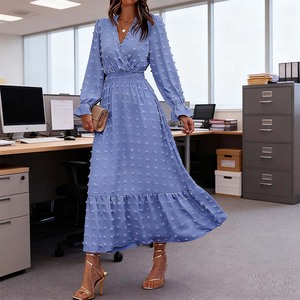 فستان نسائي أنيق عصري بحافة مكشكشة على شكل حرف A-line فستان طويل الأكمام برقبة V لطيف سويسري منقط عالي الخصر فستان غير رسمي لجميع الفصول - Product Image 6