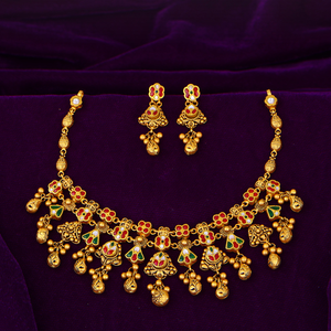 Floral motifs and multicolor <b>stones</b> elegant bridal jewelry with matching earrings antique gold necklace fine set - Product Image 1