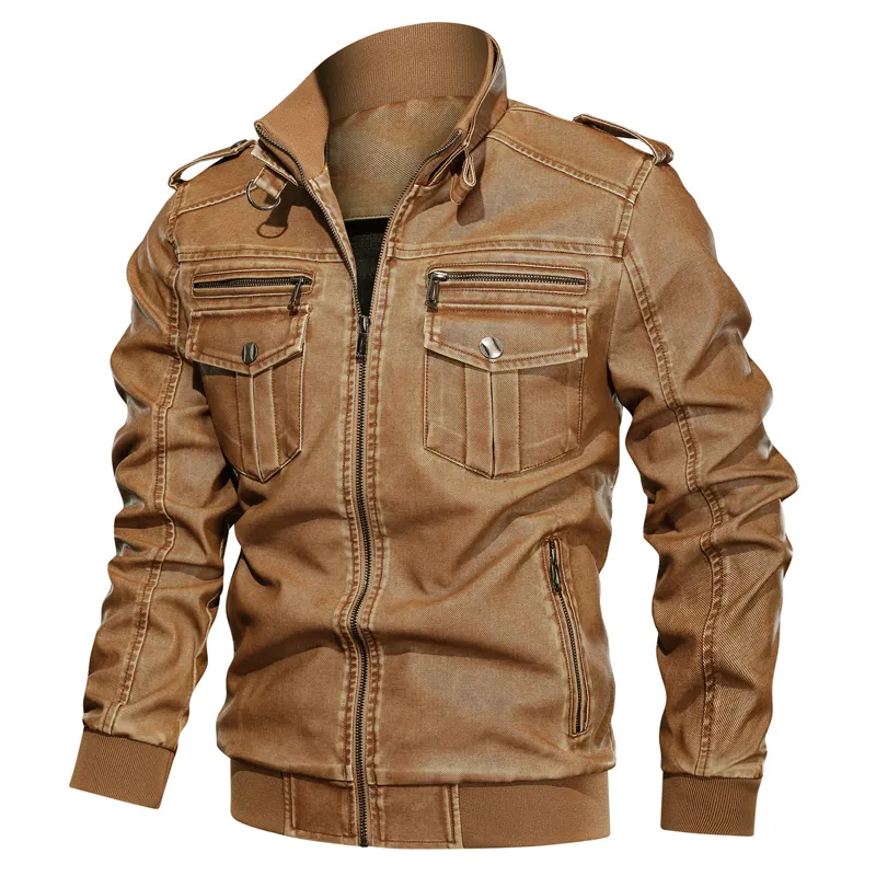 2022 Wholesale Men's Casual Retro Washed Pu Leather Jacket Plus Size Men's Multi-pocket Leather Jacket