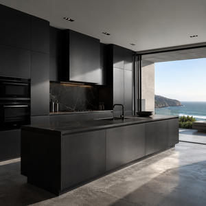 Gabinetes <span class=keywords><strong>de</strong></span> Cocina Modernos Minimalistas con <span class=keywords><strong>Isla</strong></span> Negra, Encimera <span class=keywords><strong>de</strong></span> Mármol y Almacenamiento sin Tiradores - Product Image 1