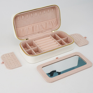 Wholesale Portable PU Leather Zipper Jewelry Travel Case with <b>Mirror</b> for Ring Bracelet Necklace Earring Detachable Storage Box - Product Image 3