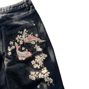 Pantalones Rectos con Bordado de Flores de Ciruelo Estilo Retro Europeo y Americano para Hombre y Mujer - Jeans Personalizados de Estilo Urbano - Product Image 5
