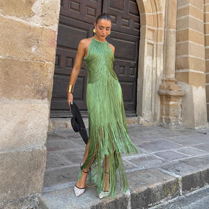 Abito <span class=keywords><strong>Lungo</strong></span> <span class=keywords><strong>con</strong></span> Collo all'Americana e Frange, <span class=keywords><strong>Vestito</strong></span> da Donna Antistatico per Feste Autunnali - Product Image 2