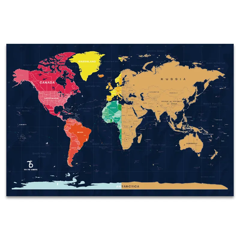 Affiche de carte du monde lumineuse de couleur noire, Poster à gratter murale, stratifié, pour enfants