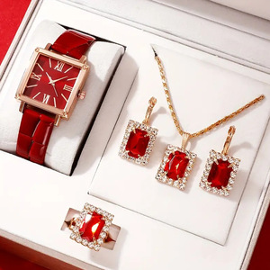 Großhandel 5 teile/satz Frauen Armbanduhr Vintage Rom Square Pointer Quarz Uhr Ring Halskette Ohrring Strass Schmuck Set Geschenk - Product Image 2
