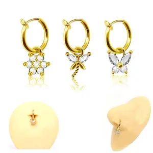 xjy butterfly dragonfly non piercing belly ring clip on belly cuff CZ dangling non piercing body jewelry