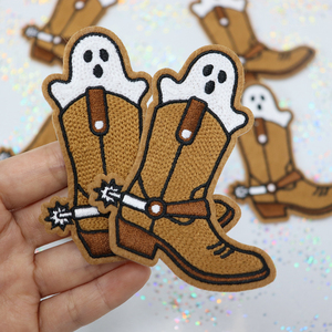 Patch en chenille brodé de 3,2 pouces, motif botte de cowboy fantôme d'Halloween avec éperon, thermocollant pour casquettes, en stock - Product Image 3
