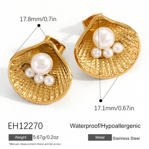 Pendientes de Acero Inoxidable con Incrustaciones de Textura de Concha y Perlas Múltiples, Estilo Oceánico, Chapados en Oro <span class=keywords><strong>Real</strong></span> de 18k, Resistentes al Agua - Product Image 5