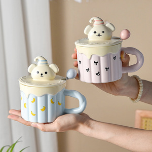 Mug keramik anak, kapasitas besar, lucu dengan tutup sendok gaya krim, cangkir sarapan khusus untuk anak-anak untuk pesta - Product Image 3