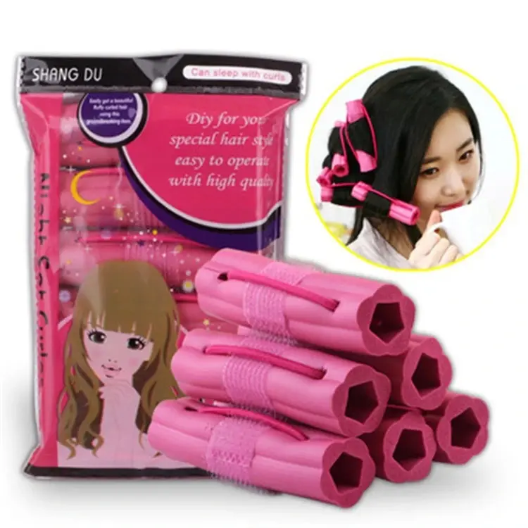 Set de bigoudis en éponge douce pour cheveux, outil magique de bricolage, couleur rose, rouleau pour cheveux, 6 pièces