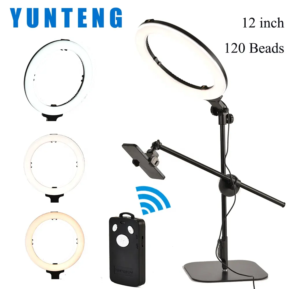 YUNTENG Tabletop Overhead Phone Mount with 12.2 inch Selfie Ring Light 120 Brightness Beads Light Stand with 360 Shooting Arm