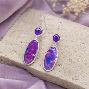 Orecchini retrò viola ovali con pietre intarsiate, gioielli semplici da donna per tutti i giorni, ideali come regalo - Product Image 1