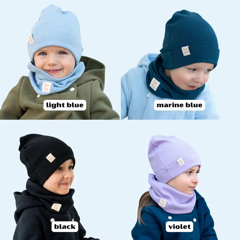 Spring autumn merino wool beanie and scarf set children's cap and loopschal winter hats with logo custom tag
