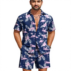 Chemise à manches courtes pour hommes, bleu marine, rose, imprimé feuilles tropicales, flamants roses, col à revers, boutons, short assorti, ensemble 2 pièces, décontracté, hawaïen - Product Image 1