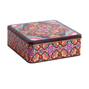 Boîte à biscuits en métal décorative imprimée avec un motif floral mandala coloré, boîte de rangement carrée pour biscuits, coffret cadeau festif - Product Image 1