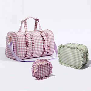 Factory Low MOQ 5 Colors Ruffled Cute Gingham Pattern <strong>Women</strong> <strong>Holdall</strong> Overnight Weekend Duffle Gym Duffel Bag Ruffle Travel Bags - Product Image 1