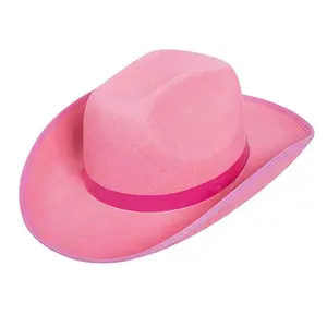 Bisa-204 Oem Topi Fedora Cowgirl Putih Warna Polos untuk Wanita, Topi Koboi Pesta Poliester Faux Wol Barat Merah Muda