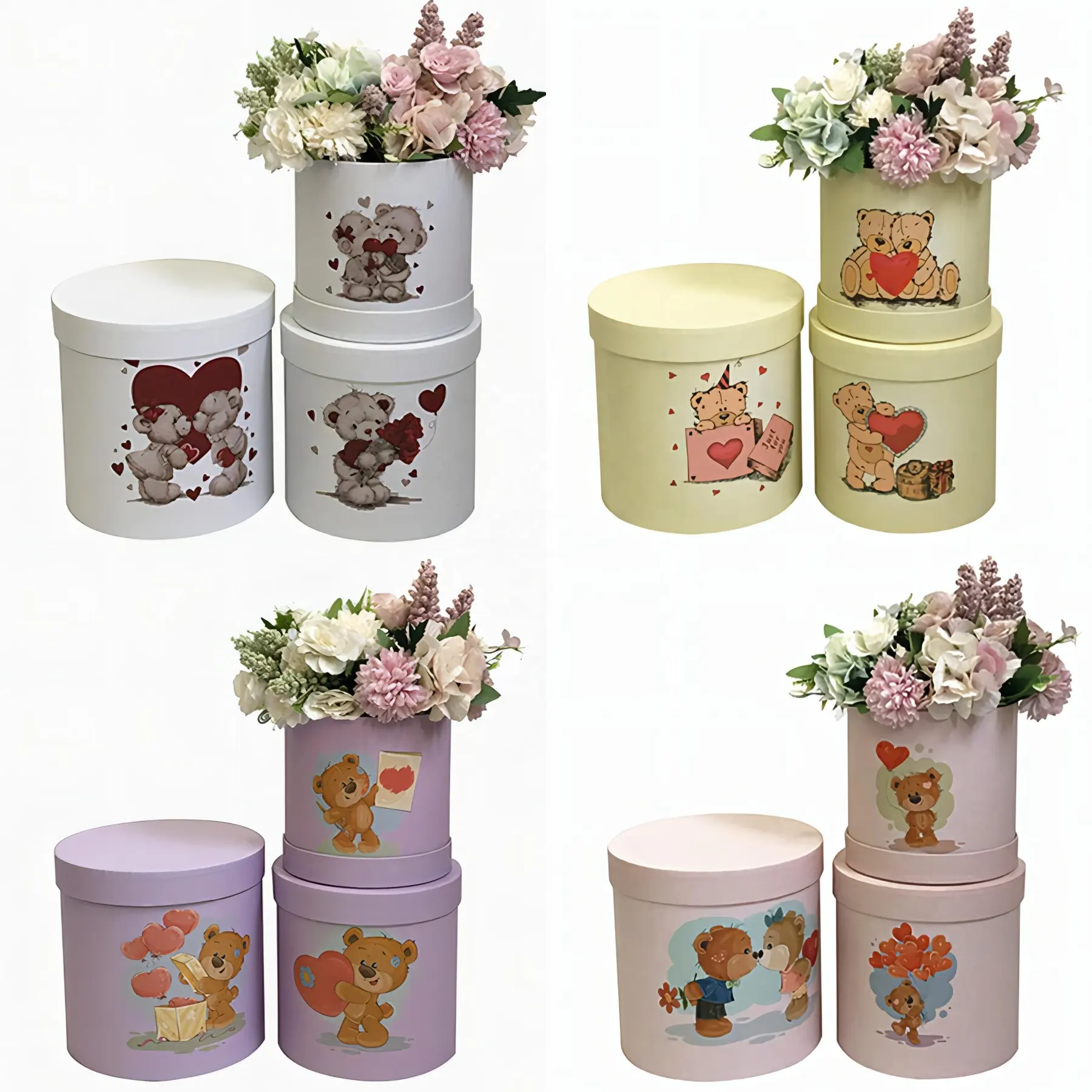 Valentinstag Love Bear Holding Bucket Dreiteiliges Set Round Bucket Flower Geschenk box Bouquet Zylindrischer Blumen eimer