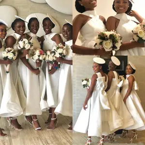 African Arabic Lace Beaded High Neck Wedding Guests Party With Bow Knot Back Ankle Length White Bridesmaid Dresses MBLB524