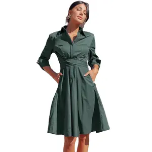 Autumn A-line Women's Midi Dress Sophisticated Shirt Collar Long Sleeve Beauty Dress
