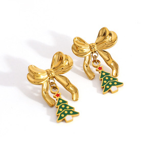 ต่างหูรูปต้นคริสต์มาส ชุบทอง สแตนเลสสตีล จี้รูปโบว์ ของขวัญวันหยุด เครื่องประดับ EH12125 - Product Image 5