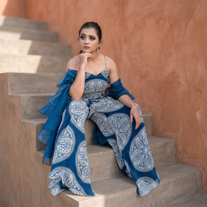 Elegant <b>Blue</b> Printed Sleeveless Peplum <b>Crop</b> <b>Top</b> with Palazzo and Organza Dupatta with Pearls Cut-dana and Mirror work - Product Image 1