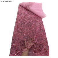 Tissu de dentelle de luxe avec perles de cristal, broderie orange brûlé, tulle africain et sequins perlés