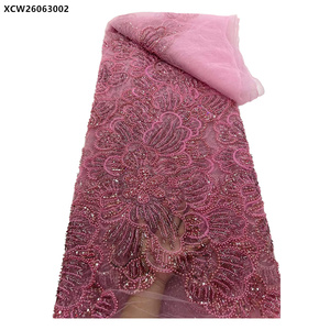 Tissu de dentelle de luxe avec perles de cristal, broderie orange brûlé, tulle africain et sequins perlés - Product Image 3
