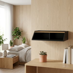 Black Colour Scandinavian Modern Durable MDF <b>Wall</b> Mounted Shelved <b>Unit</b> with Oak Veneer Finishing for Home Display - Product Image 1