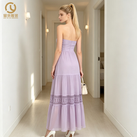 Robe longue de soirée fluide sans bretelles pour femme, en mousseline de soie lavande avec broderie ajourée et dentelle, personnalisable en usine (OEM/ODM)