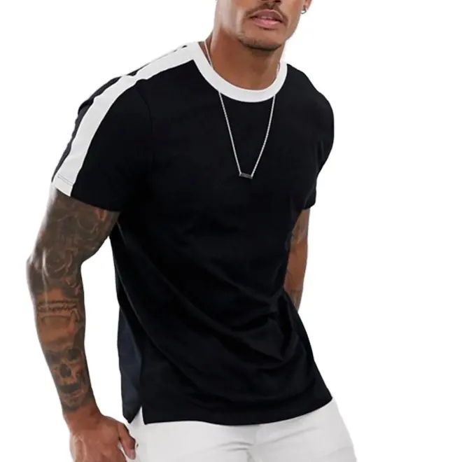 卸売新しい最新デザイン格安メンズブラックプレミアム品質tシャツホワイトサイドストライプ4 naturer intl製