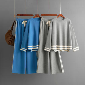 طقم نسائي غير رسمي بنمط سادة للخريف والشتاء من قطعتين كنزة صوفية فضفاضة محبوكة بنطال علوي واسع الساق بنطال مشترك طقم Ord - Product Image 2