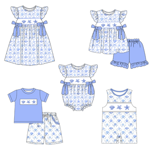 SR4109 Mono de Manga Corta para Bebé, Diseño Personalizado con Estampado de Estrellas y Algas Marinas Azules, Venta al por Mayor - Product Image 1