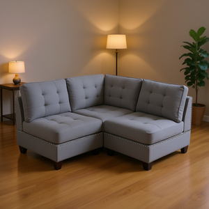 Set di Divani Componibili Modulari in Tessuto Grigio a Forma di L con Schienale Trapuntato per Soggiorno - Product Image 2