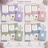 Suite d'invitations de mariage personnalisées en damassé lavande avec carte pliée à pochette dorée et doublure d'enveloppe RSVP – Vente en gros fabricant