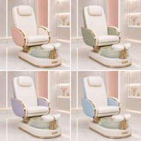 Station de pédicure haut de gamme pour salon de manucure avec siège inclinable électrique, bain de pieds en verre et finition dorée