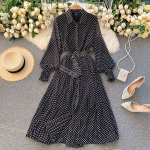Vestidos Vintage de Diseñador Otoño 2026 para Mujer, Nueva Colección <span class=keywords><strong>en</strong></span> Oferta, Vestido de Gasa con Estampado de Puntos, Plisado, Manga Larga, Botones Decorativos - Product Image 3