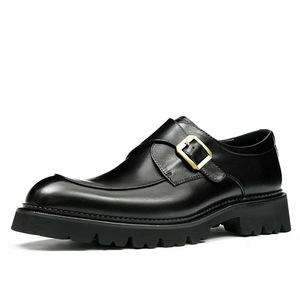 Chaussures pour hommes en cuir véritable à boucle, bout rond, couleur unie, semelle extérieure en caoutchouc antidérapante, toutes saisons, classiques - Product Image 1