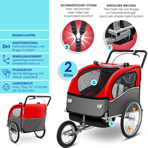 Rimorchio per Bicicletta 2 in 1 per Bambini, Passeggino Jogger, Carrello Trasporto <span class=keywords><strong>Bici</strong></span> per 2 Bambini - Product Image 2