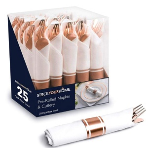 Bộ dao dĩa muỗng bạc mạ vàng cuộn tròn bán buôn, kèm khăn ăn, bộ đồ ăn dùng một lần cho tiệc cưới - Product Image 5