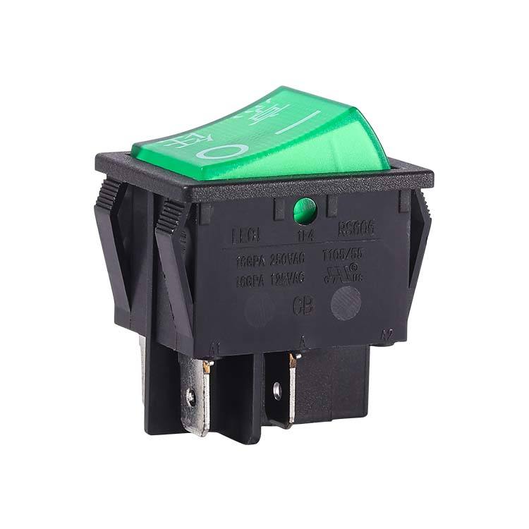 LECI Plant UL/CQC Certified PA66 16A 4-Pin Rocker Switch Green Light Black Body On-Off Function Max 250VAC and 25A Current